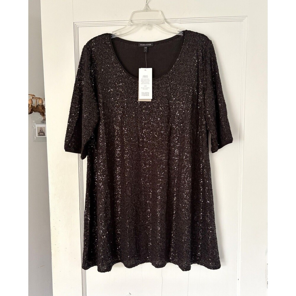 NWT Eileen Fisher 100% Silk Black Sequin Stretch Scoop Neck Long Tunic Sz L
